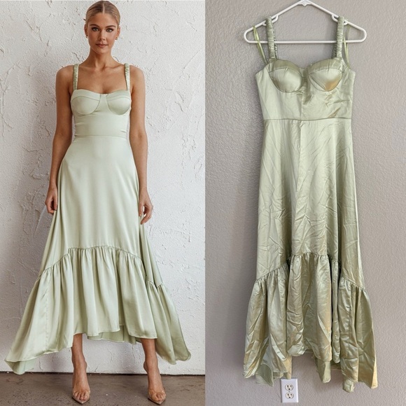 Selfie Leslie Dresses & Skirts - Selfie Leslie Belle De Jour Flounce Hem Midi Dress Pistachio Sage High Low Dress